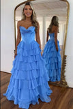 Gorgeous Blue Chiffon A-line Sweetheart Tiered Long Prom Dresses, SLP038 | prom dresses online | simple prom dresses | chiffon prom dress | simidress.com