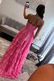 Hot Pink Chiffon Tiered A-line Sweetheart Long Prom Dresses With Slit, SLP046 | a line prom dress | chiffon prom dress | cheap long prom dress | simidress.com