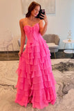 Hot Pink Chiffon Tiered A-line Sweetheart Long Prom Dresses With Slit, SLP046 | long prom dress | cheap prom dress | pink prom dress | simidress.com