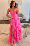 Hot Pink Chiffon Tiered A-line Sweetheart Long Prom Dresses With Slit, SLP046 | simple prom dress | long formal dresses | evening gown | simidress.com