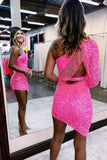 Hot Pink Sequins Sheath Single Shoulder Short Homecoming Dresses, SH642 image 2