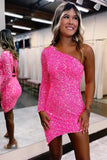 Hot Pink Sequins Sheath Single Shoulder Short Homecoming Dresses, SH642 image 1