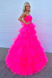 Hot Pink Tulle A-line Strapless Tiered Long Prom Dresses, Party Dress, SLP036 | tulle prom dress | senior prom dress | long formal dress | simidress.com