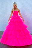 Hot Pink Tulle A-line Strapless Tiered Long Prom Dresses, Party Dress, SLP036 | simple prom dress | evening dresses | prom dress stores | simidress.com