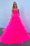 Hot Pink Tulle A-line Strapless Tiered Long Prom Dresses, Party Dress, SLP036