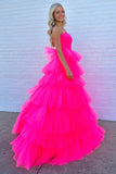 Hot Pink Tulle A-line Strapless Tiered Long Prom Dresses, Party Dress, SLP036 | evening gown | prom dresses for teens | prom dresses nearby | simidress.com