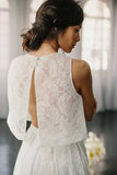 Ivory Lace A-line Two Piece Sleeveless Sweep Train Wedding Dresses, SW697 | lace wedding gown | vintage wedding dress | bohemian wedding dress | simidress.com