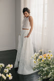 Ivory Lace A-line Two Piece Sleeveless Sweep Train Wedding Dresses, SW697