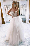 Ivory Tulle A Line Backless Spaghetti Straps Wedding Dresses With Lace, SW704