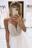 Ivory Tulle A Line Backless Spaghetti Straps Wedding Dresses With Lace, SW704 | v neck wedding dress | tulle wedding dress | wedding dress stores | simidress.com