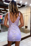 Lavender Sheath V-neck Spaghetti Straps Lace Appliques Homecoming Dress, SH641 image 2