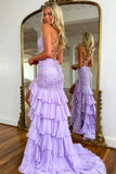 Lavender Tiered Chiffon Mermaid V Neck Prom Dresses With Appliques, SLP064 | cheap long prom dress | long formal dress | chiffon prom dress | simidress.com