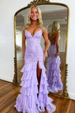 Lavender Tiered Chiffon Mermaid V Neck Prom Dresses With Appliques, SLP064