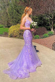 Lavender Tulle Mermaid V-neck Lace Appliques Cross Back Prom Dresses, SLP063