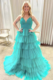 Lavender Tulle Tiered A-line V-neck Long Prom Dresses With Ruffles, SLP060 | green prom dress | party dress | prom dresses for girls | simidress.com