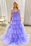 Lavender Tulle Tiered A-line V-neck Long Prom Dresses With Ruffles, SLP060 | purple prom dress | long prom dresses | evening gown | simidress.com