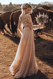 Light Brown Tulle A-line V-neck Long Sleeve Boho Wedding Dresses, SW692 image 5