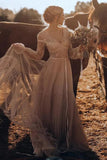 Light Brown Tulle A-line V-neck Long Sleeve Boho Wedding Dresses, SW692 image 1