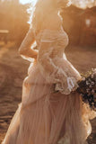 Light Brown Tulle A-line V-neck Long Sleeve Boho Wedding Dresses, SW692 image 2