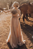 Light Brown Tulle A-line V-neck Long Sleeve Boho Wedding Dresses, SW692 image 3