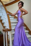 Lilac Satin Mermaid V-neck Spaghetti Straps Lace Up Long Prom Dresses, SLP054