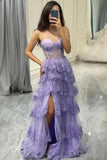 Lilac Tulle Layered A-line Lace Appliques Sweetheart Prom Dress With Slit, SLP037