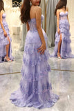 Lilac Tulle Layered A-line Lace Appliques Sweetheart Prom Dress With Slit, SLP037