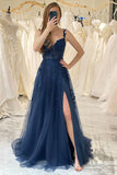 Navy Tulle A-line Spaghetti Straps Prom Dresses With Lace Appliques, SLP043