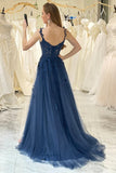 Navy Tulle A-line Spaghetti Straps Prom Dresses With Lace Appliques, SLP043 | lace prom dress | custom made prom dress | prom dresses near me | simidress.com