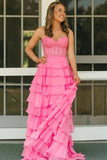 Pink Chiffon Lace Bodice Strapless Prom Dresses With Ruffle Skirt, SLP062