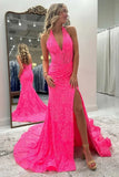 Pink Mermaid Halter Neck Long Prom Dresses With Lace Appliques, SLP074