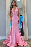 Pink Satin Mermaid Halter V Neck Lace Appliques Long Prom Dresses, SLP072 | long prom dresses | cheap prom dress | pink prom dress | simidress.com