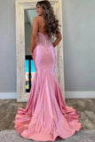 Pink Satin Mermaid Halter V Neck Lace Appliques Long Prom Dresses, SLP072 | mermaid lace prom dress | prom dress shops | simple prom dress | simidress.com