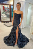 Pink Satin Mermaid Strapless Lace Appliques Prom Dresses With Ruffles, SLP076 | black prom dress | simple prom dress | long prom dresses online | simidress.com