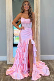 Pink Satin Mermaid Strapless Lace Appliques Prom Dresses With Ruffles, SLP076 | cheap prom dresses | long formal dress | lace prom dress | simidress.com