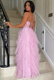 Pink Tulle A-line Ruffles Corset Lace Appliques Prom Dresses With Slit, SLP022 image 2