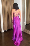 Purple Satin Mermaid Spaghetti Straps Long Prom Dresses With Side Slit, SLP040 | mermaid prom dresses | long formal dress | party dress | simidress.com