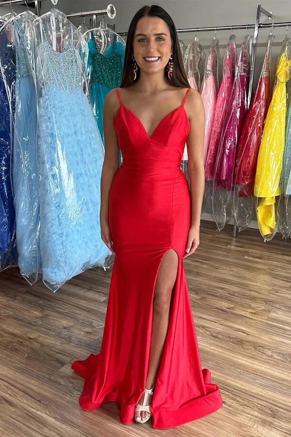 Red Mermaid V neck Open Back Prom Dresses With Slit SP977 Simidress