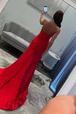 Red Satin Pleated Strapless V-neck Slit Long Prom Dresses With Bow, SLP061 image 2