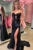 Red Satin Pleated Strapless V-neck Slit Long Prom Dresses With Bow, SLP061 image 3