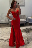 Red Satin Pleated Strapless V-neck Slit Long Prom Dresses With Bow, SLP061 image 1