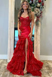 Red Tulle Mermaid V-neck Strapless Pleated Prom Dresses With Slit, SLP052 | cheap prom dresses | lace prom dress | mermaid prom dresses | simidress.com