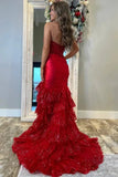 Red Tulle Mermaid V-neck Strapless Pleated Prom Dresses With Slit, SLP052 | tight prom dress | burgundy prom dress | cheap prom dresses | simidress.com