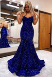 Royal Blue Mermaid Sequins Sweetheart Strapless Long Prom Dresses, SLP030