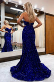 Royal Blue Mermaid Sequins Sweetheart Strapless Long Prom Dresses, SLP030 image 2