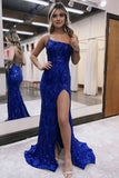 Royal Blue Sequins Lace Mermaid One Shoulder Long Prom Dresses, SLP031