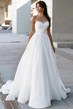 Satin A Line Sweetheart Neck Beaded Wedding Dresses With Train, SW708 image 1