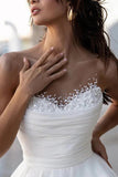 Satin A Line Sweetheart Neck Beaded Wedding Dresses With Train, SW708 image 3