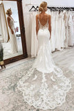 Satin Mermaid V-neck Spaghetti Straps Wedding Dresses With Court Train, SW693 | satin wedding dresses | backless wedding dress | bohemian wedding dresses | simidress.com