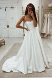 Simple Ivory Satin Spaghetti Straps Wedding Dresses With Sweep Train, SW695 image 1 | simidress.com